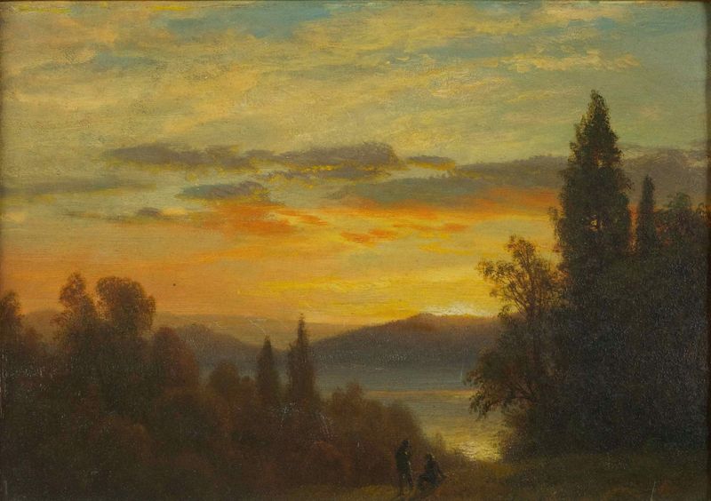 On the Hudson River Near Irvington, óleo sobre tela de Albert Bierstadt, retratando uma paisagem serena do rio.