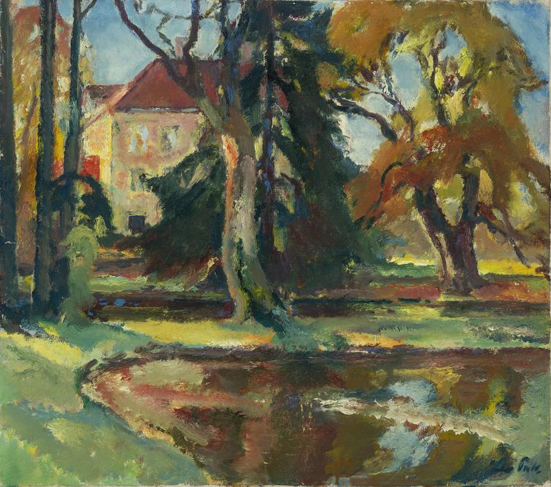 Park von Schloss Fußberg in Gauting by Leo Putz, oil on canvas depicting trees and pathways.