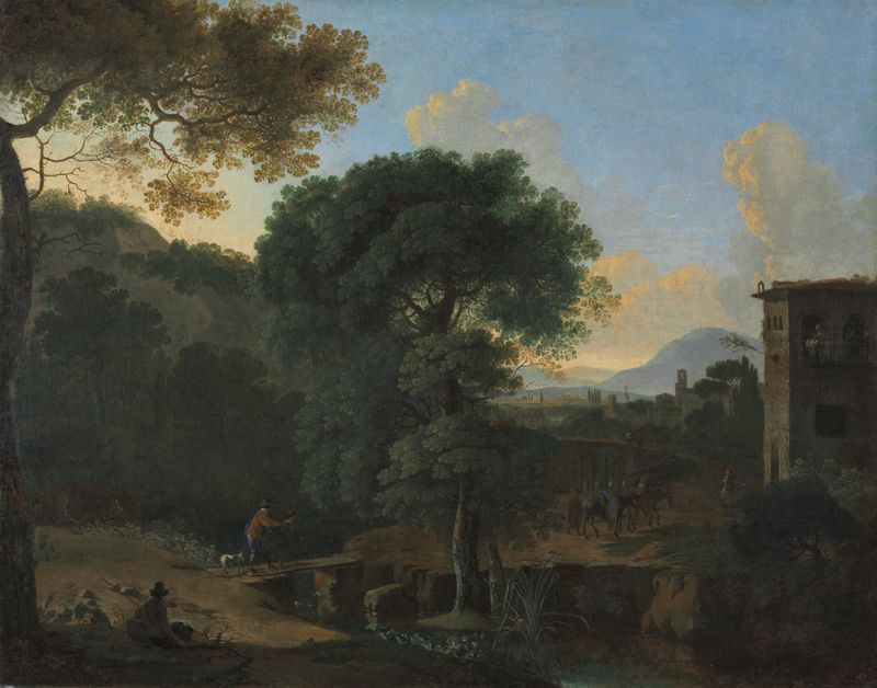 Landscape with Travelers de Herman van Swanevelt, óleo sobre tela mostrando viajantes em uma paisagem serena.