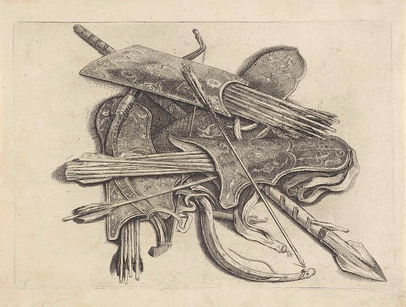 Gravura de Wenceslaus Hollar representando arcos, aljavas e uma lança