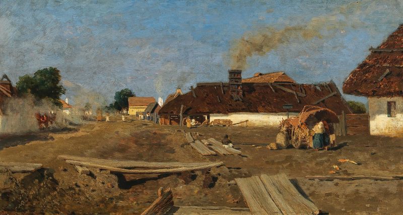 A Village Road in Szolnok de Tina Blau, óleo sobre tela representando um caminho de vila tranquilo