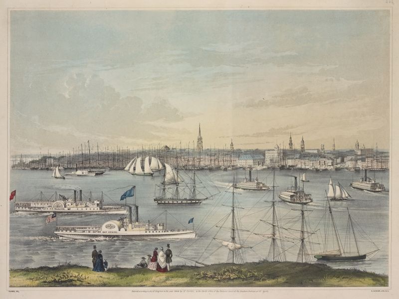 Lithograph by Fanny Palmer depicting a cityscape with the Brooklyn Bridge