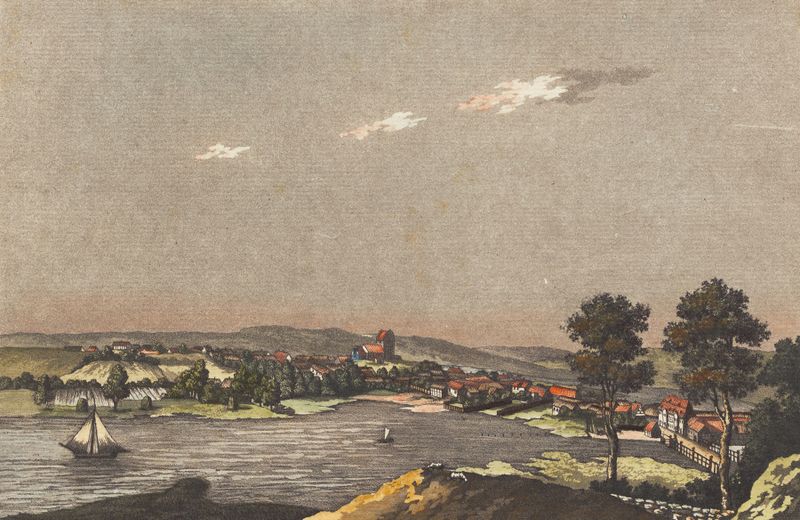 Paisaje que muestra aguas serenas y reflejos de Christian Heinrich Grosch, pintura al óleo.