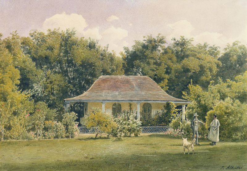 O Jardim de Laudaya de Jakob Alt, retratando uma paisagem serena com figuras em um jardim, aquarela