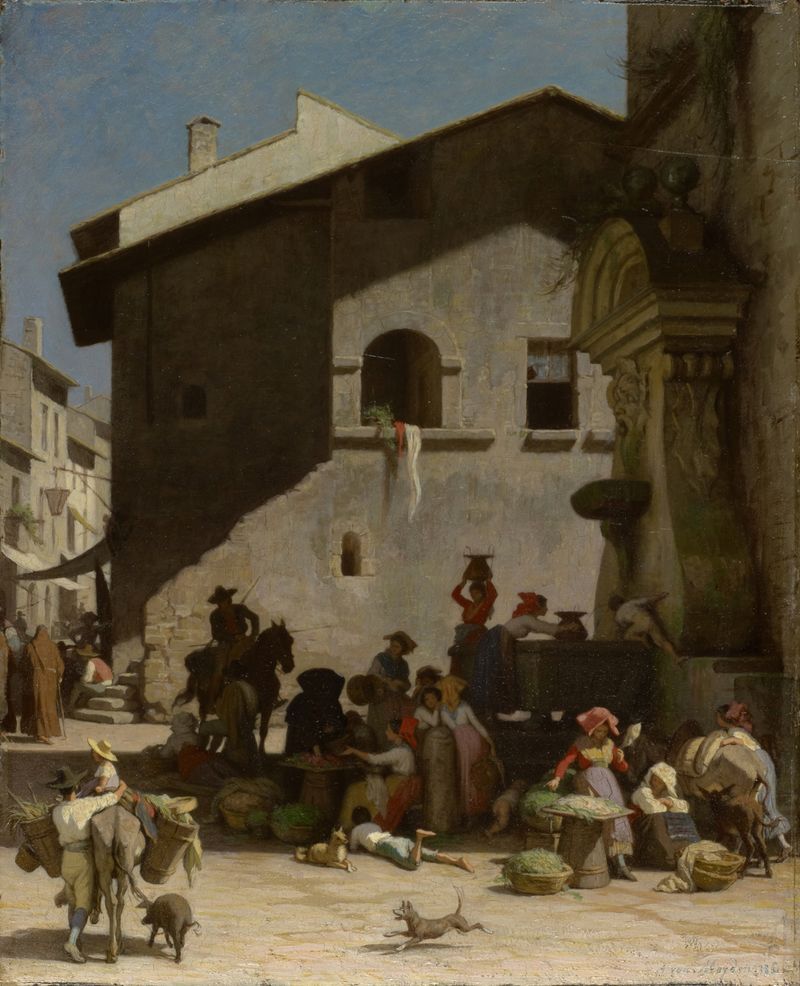 Escena de género de un bullicioso mercado con vendedores y una figura reflexiva, óleo de Jacques Alfred van Muyden.