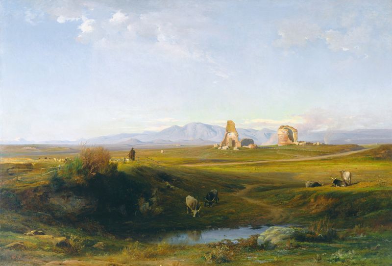 A View of the Roman Countryside by Jean-Achille Benouville, oil painting depicting rolling hills and golden light.