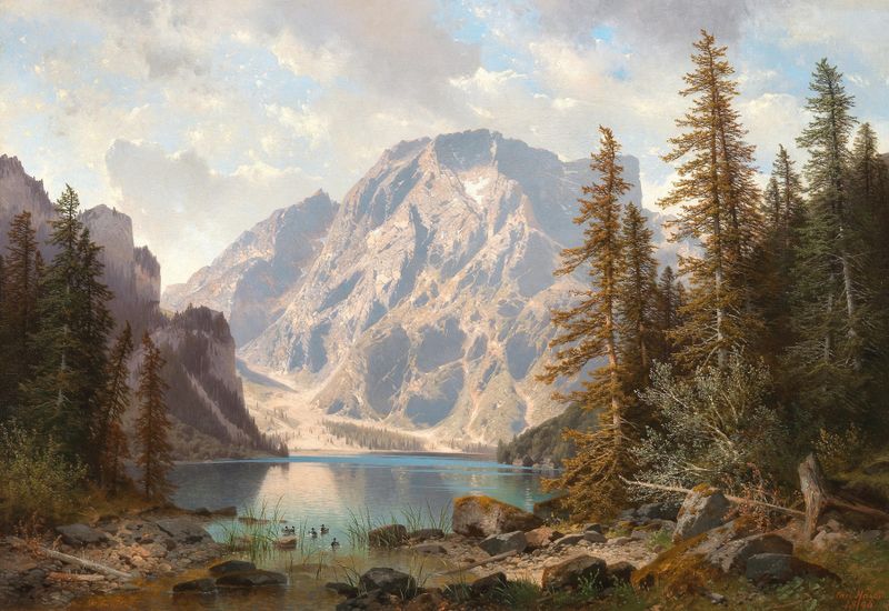 Lago y montañas reflejadas en el agua, óleo de Carl Hasch