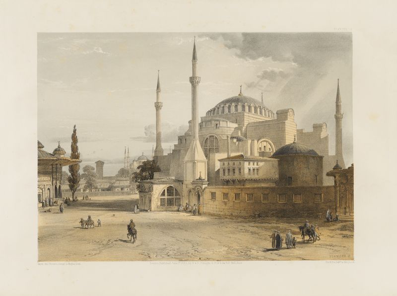 Aya Sofia, Constantinople lithograph by Gaspare Fossati featuring a grand dome and intricate mosaics.