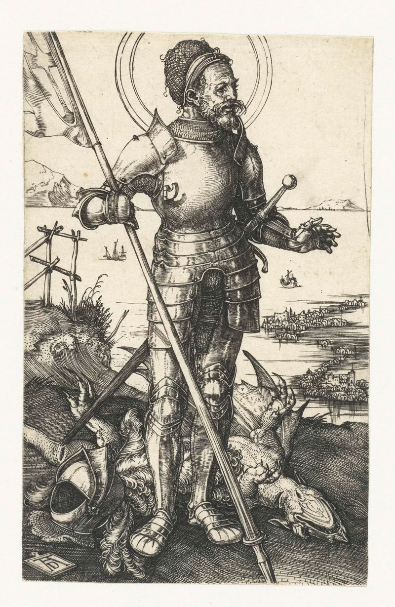 Grabado de Albrecht Dürer que representa a San Jorge en armadura junto a un dragón muerto.
