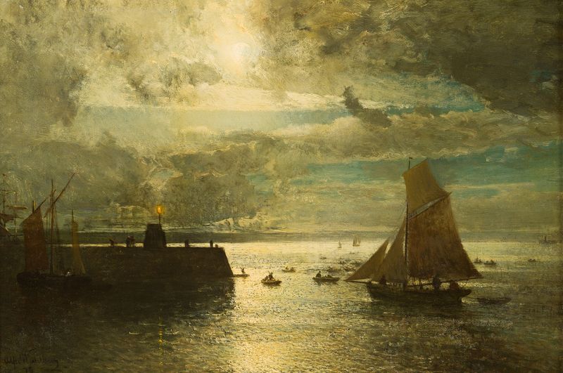 Moonlit Landscape by Alfred Wahlberg, oil painting depicting a serene night scene with luminous reflections.