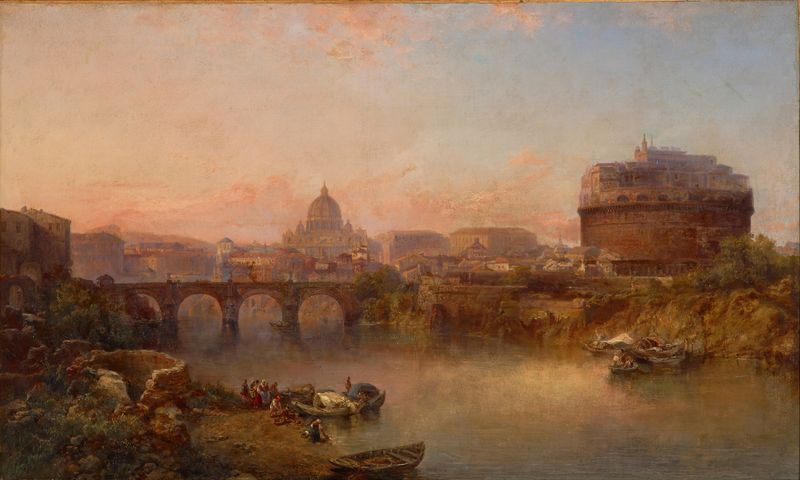 Sunset on the Tiber, Rome by George Loring Brown, oil on canvas depicting a vibrant sunset over the river.