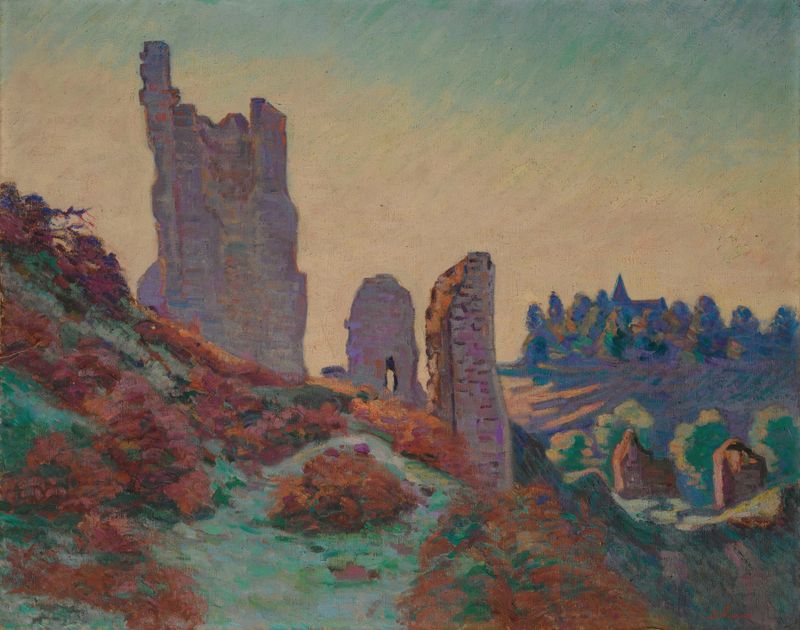 Les Ruines Du Château De Crozant, óleo sobre tela de Armand Guillaumin, mostra paredes em ruínas e cores de outono.
