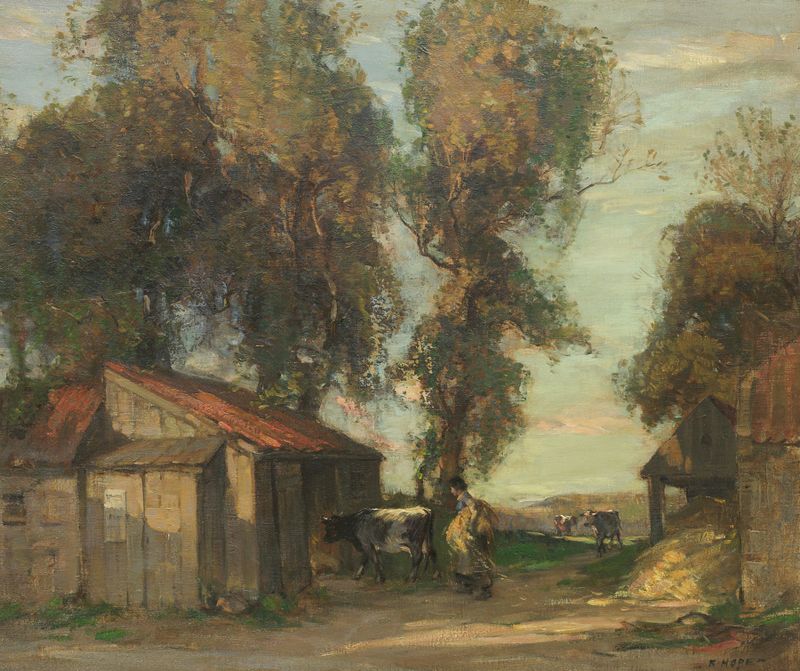 Genre scene depicting a farmyard with animals by Robert Hope, oil painting