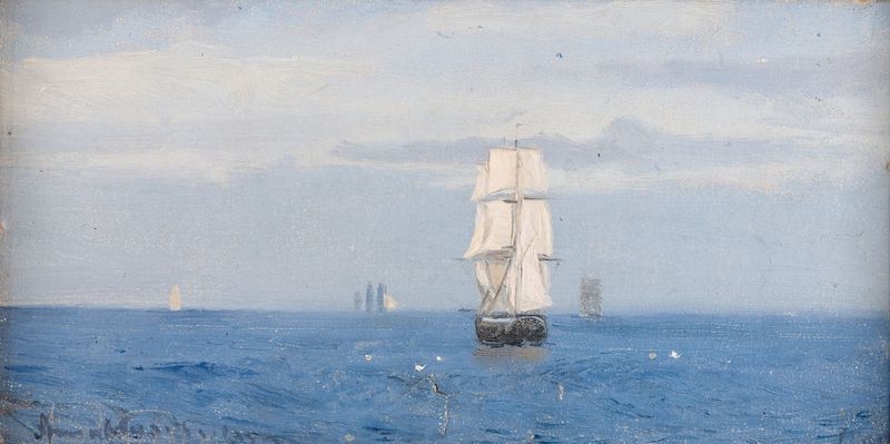 óleo sobre tela de Amaldus Nielsen retratando um oceano tumultuoso sob um céu suavizado