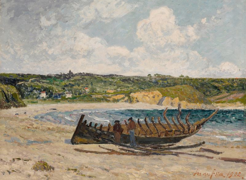 Cena marinha de um barco envelhecido sob luz dourada de Maxime Maufra