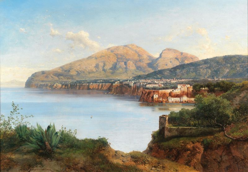 A View Of Sorrento, óleo sobre lienzo de Albert Zimmermann, que representa el mar azul y acantilados iluminados por el sol.