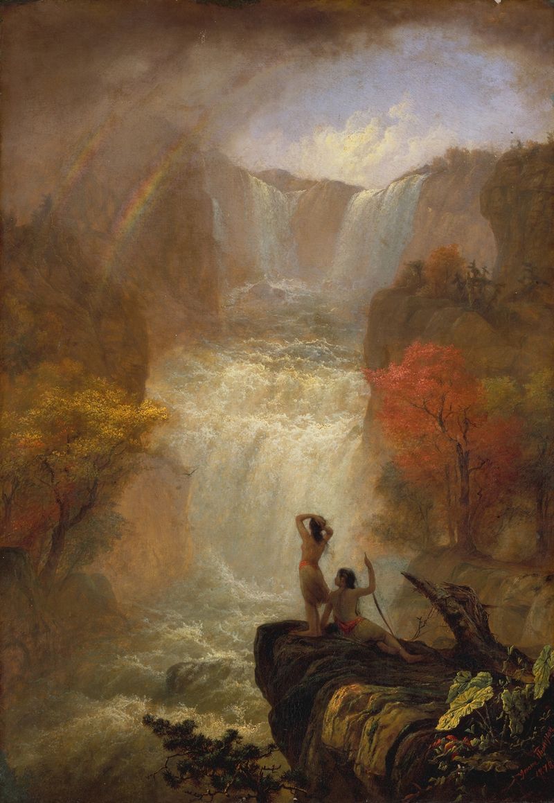 Oil painting by Jerome Thompson depicting a tranquil stream at dawn