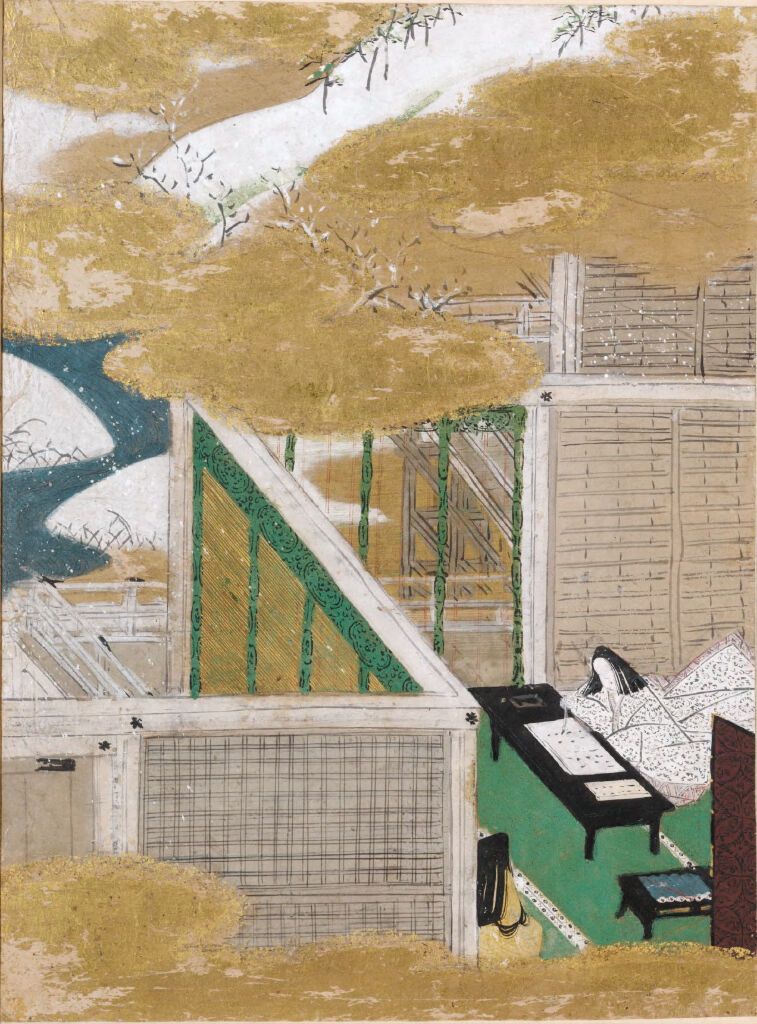 Calligraphy scene with a figure writing in gold by Tosa Mitsunobu