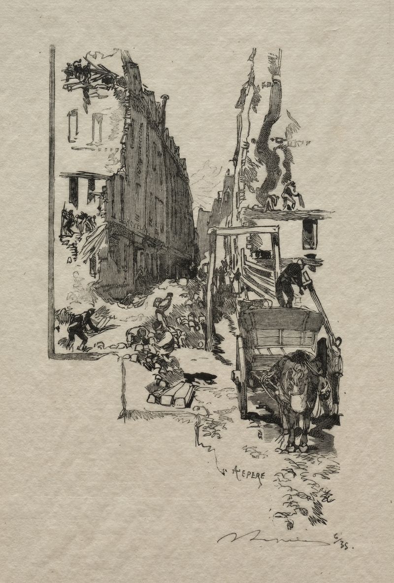 La Rue Victor Cousin de Auguste Louis Lepère, impresionismo, que representa una calle de la ciudad iluminada por el sol