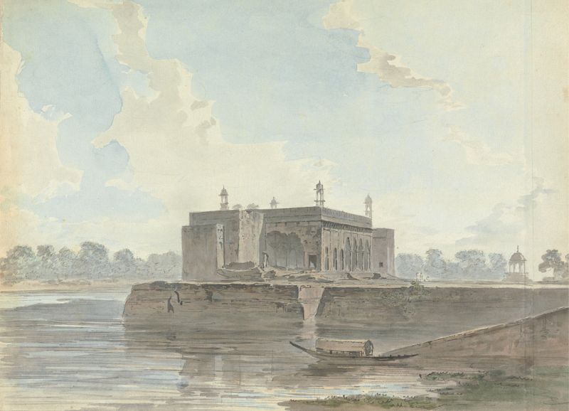 Ruined Palace by a River, pintura a óleo de Samuel Davis mostrando um palácio em ruínas ao lado de um rio