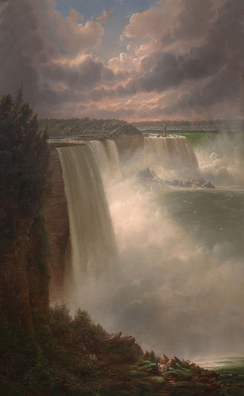 Niagara Falls by Ferdinand Richardt, oil painting depicting a waterfall with vibrant greens and dynamic light.