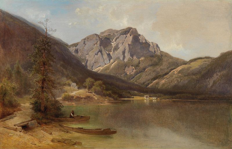 On the shore of Lake Langbathsee, oil on canvas by Melchior Fritsch, depicting a tranquil lake and sky.