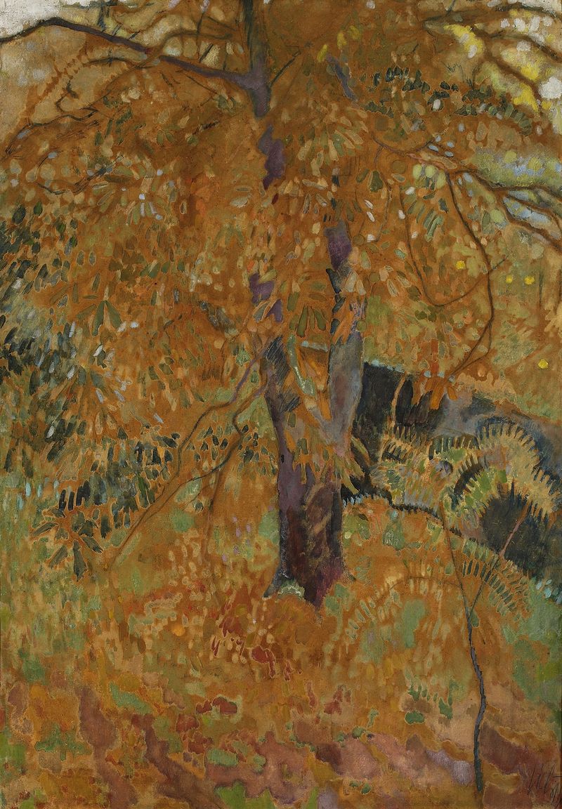 Autumn oil painting by Kazimierz Sichulski featuring a figure under golden foliage