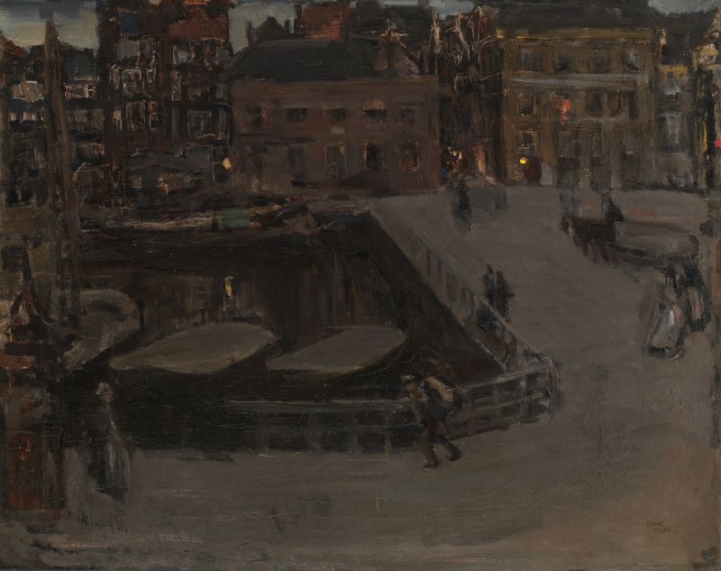 Damrak at night de Isaac Israëls, retratando água cintilante e reflexos noturnos, pintura a óleo