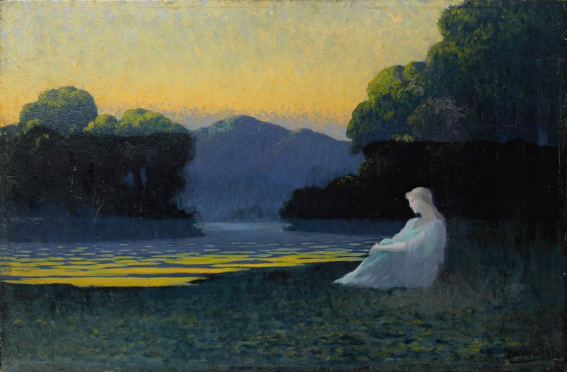 Landscape at dusk by Alphonse Osbert, oil painting depicting a tranquil scene with distant trees.