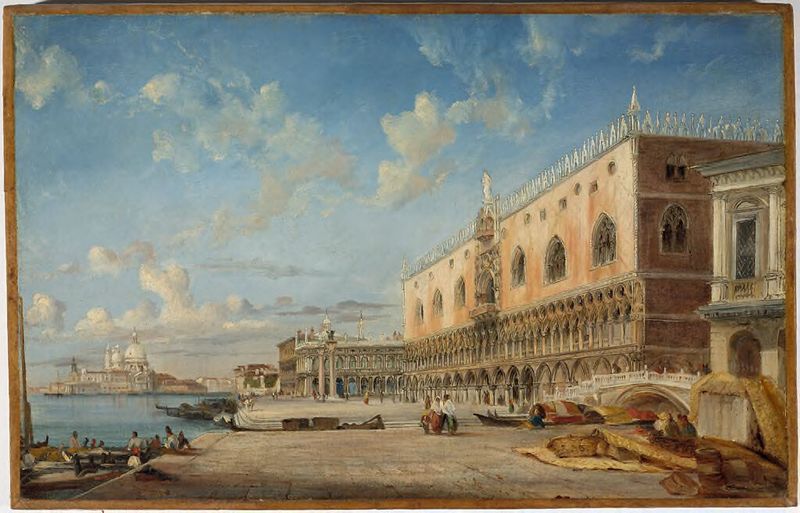 Pintura a óleo de James G. Holland mostrando Riva degli Schiavoni e o Palácio dos Doges, Veneza.