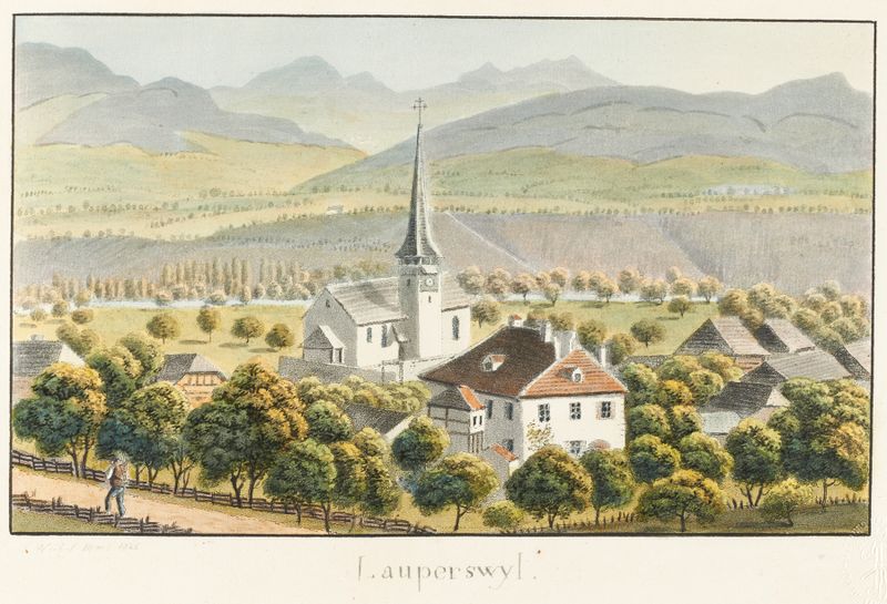 Lauperswyl de Jakob Samuel Weibel, óleo sobre tela, apresentando um lago e montanhas.