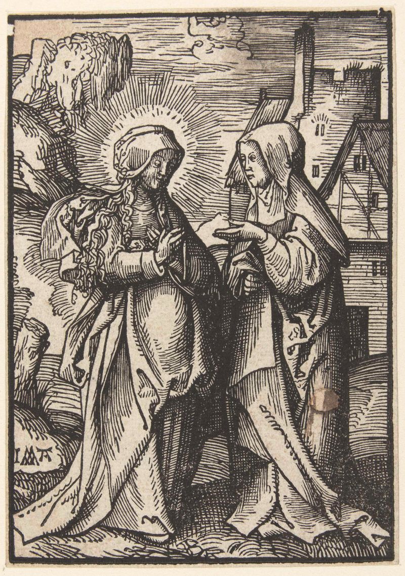 Visitatie de Jacob Cornelisz van Oostsanen, meio papel, duas mulheres se abraçando em uma câmara pouco iluminada