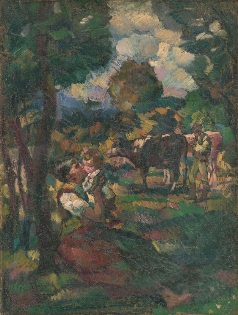 Landscape oil painting by Gustáv Mallý depicting a vibrant summer scene.