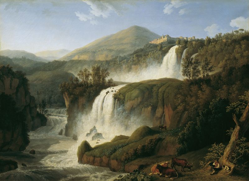 Cascading waterfall over rocks in an oil painting by Jacob Philipp Hackert