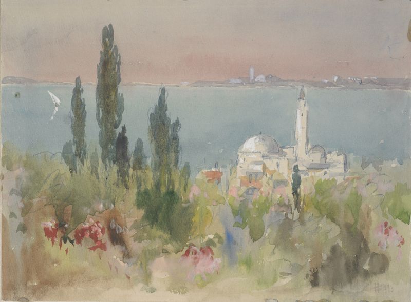 Escena del lago de Hercules Brabazon Brabazon, pintura al óleo que muestra agua tranquila y un cielo que se desvanece.