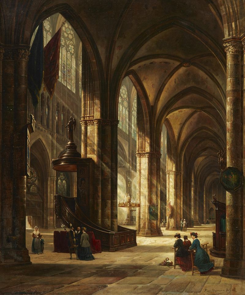Interior de la Catedral de Metz, óleo sobre lienzo de Franz Stegmann, con vitrales y luz.