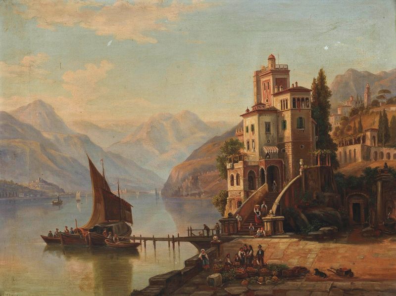 Carregando balsas em uma vila, Lago de Como, óleo sobre tela de Henry Jackel