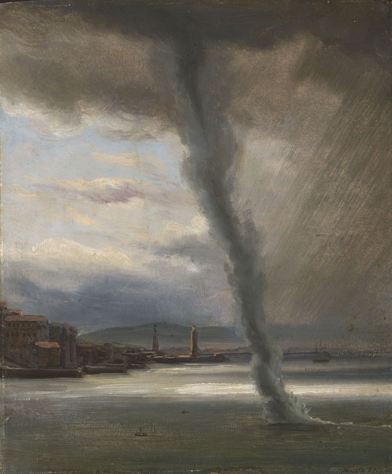 A Waterspout on the Bay of Naples by Thomas Fearnley, oil on canvas showing a stormy bay scene.