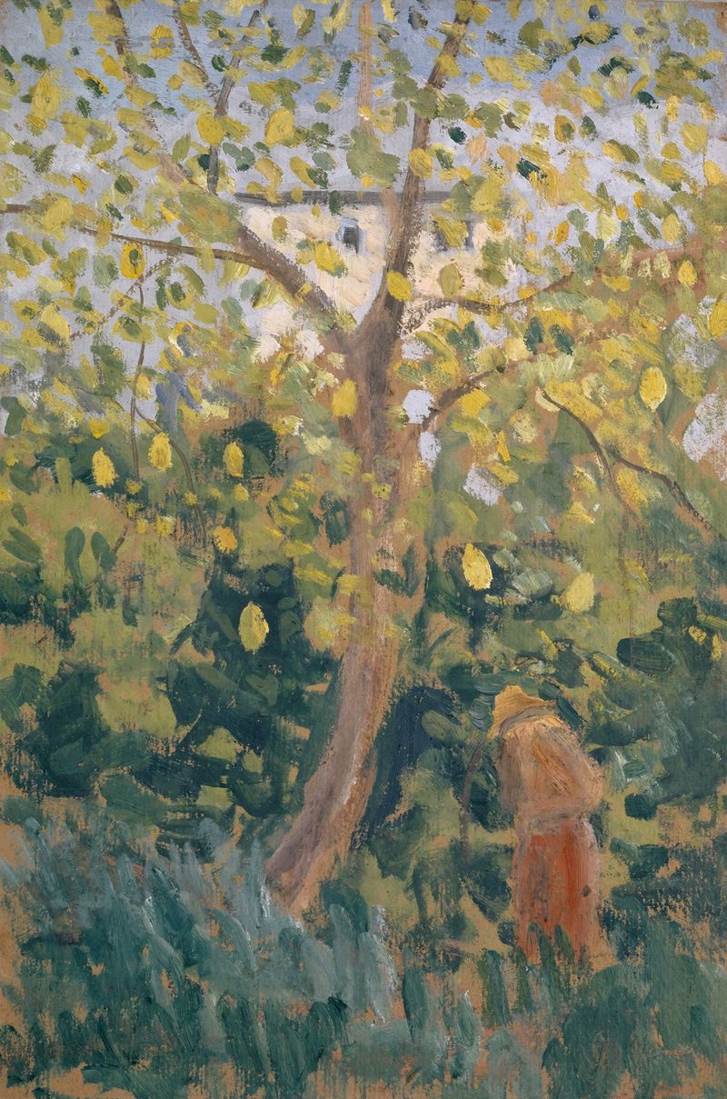 Árbol con hojas amarillas de otoño, óleo sobre lienzo de Ernst Schiess