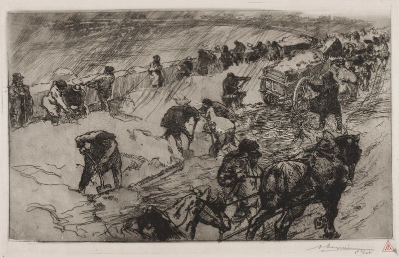 Combat contre la Neige de Auguste Louis Lepère, pintura al óleo que muestra figuras en la nieve.