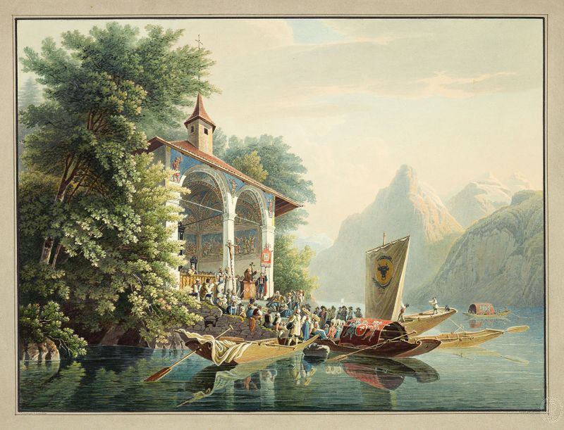Paisaje con una capilla de Gabriel Lory the Younger, pintura al óleo