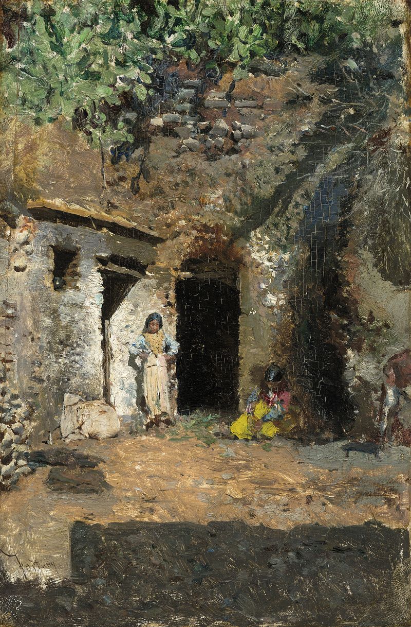 Gypsy Caves, Granada by Mariano Fortuny Marsal, oil on canvas depicting rugged caves and warm earth tones.