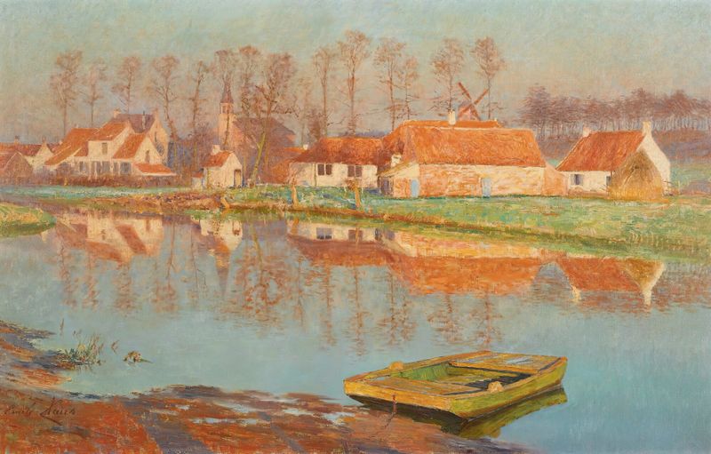 Village de Deurle by Emile Claus, oil on canvas depicting a tranquil river and cottages.