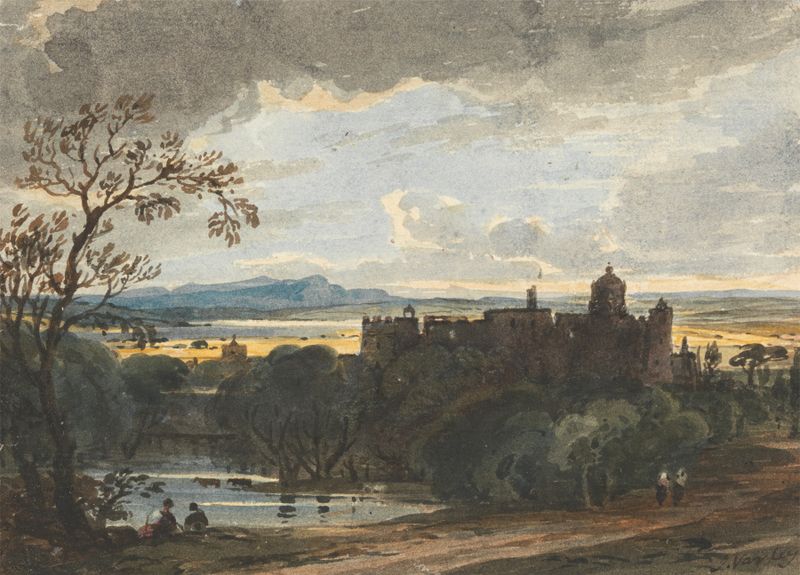 Linlithgow Palace de John Varley, óleo que retrata ruínas antigas e paisagem.