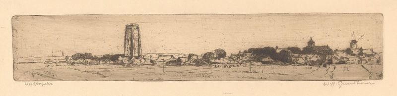 Paisaje que muestra un cielo luminoso y edificios desgastados de Willem Adrianus Grondhout, pintura al óleo.
