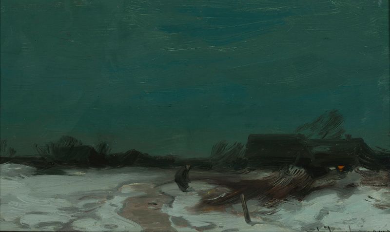 Winter landscape with cottages, snow-covered trees, oil painting by Roman Kazimierz Kochanowski
