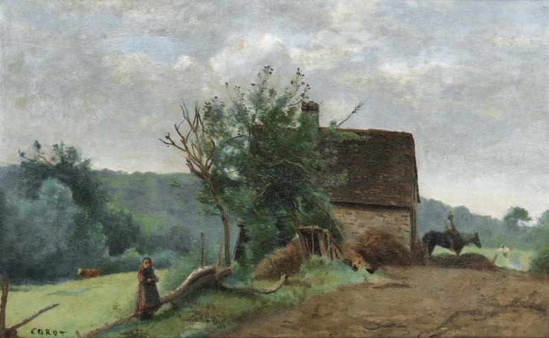 Cour de ferme avec un cavalier et une petite fille au premier plan, óleo sobre tela de Jean-Baptiste-Camille Corot
