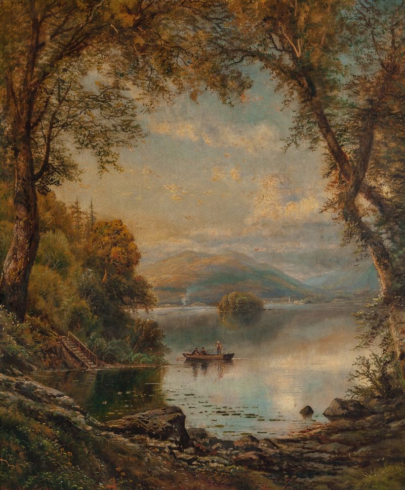 Lake landscape with fishermen by Edmund Darch Lewis, oil painting