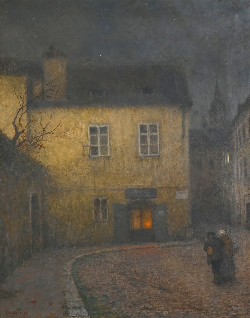 A Street Corner In Prague de Jakub Schikaneder, realismo, retratando um canto de rua tranquilo com sombras profundas.