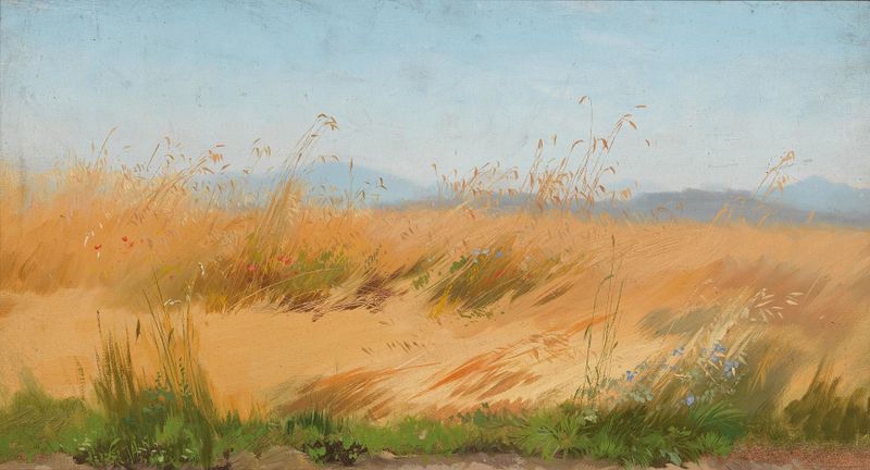 Landscape by Joseph Wopfner, oil study featuring soft colors and textures